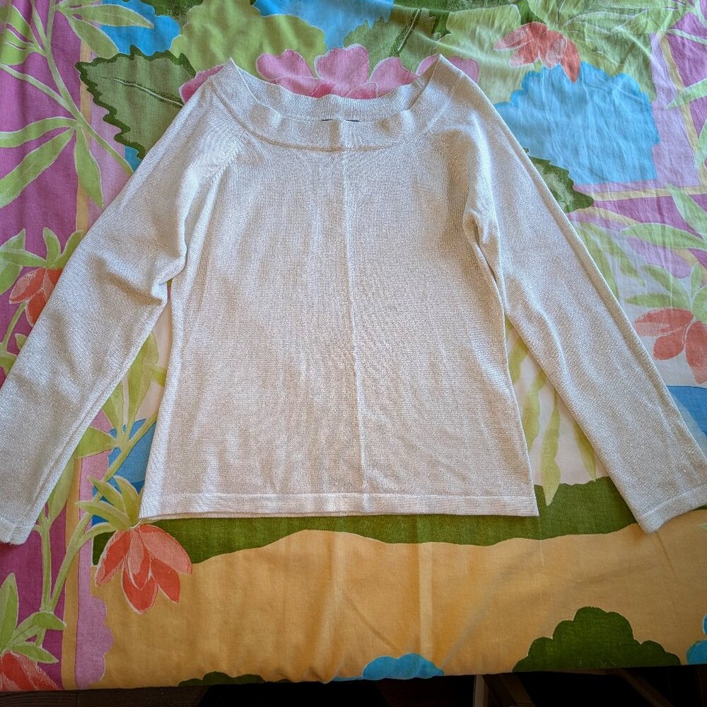 Debbiie & Morgan Metallic Silver woven Acrylic White Sz M Off Shoulder Sweater
